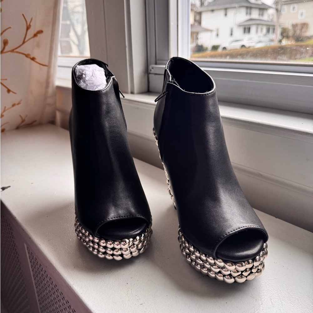 Jeffrey Campbell TICK Black Peep-Toe Ankle Boots with Silver Accents
